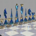 a chess board with blue glass pieces on it