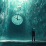 ai generated, man, time, clock, surreal, procrastination, dark, figure, alone, walls, text, burden, concept, symbolism, anxiety, pressure, solitude, towering, overwhelming, stress, time management, contemplation, shadow, introspection