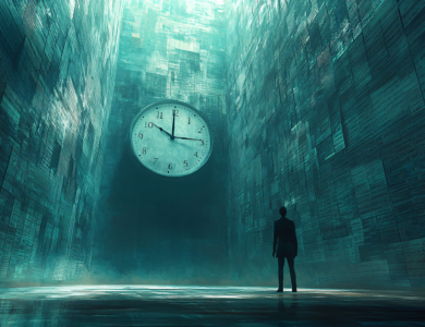 ai generated, man, time, clock, surreal, procrastination, dark, figure, alone, walls, text, burden, concept, symbolism, anxiety, pressure, solitude, towering, overwhelming, stress, time management, contemplation, shadow, introspection