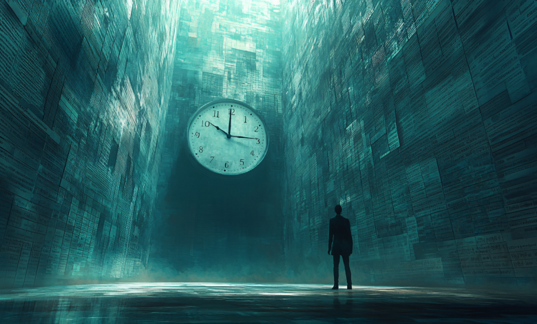 ai generated, man, time, clock, surreal, procrastination, dark, figure, alone, walls, text, burden, concept, symbolism, anxiety, pressure, solitude, towering, overwhelming, stress, time management, contemplation, shadow, introspection