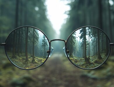 ai generated, glasses, vision, clarity, perspective, focus, nature, sharp, lenses, eyewear, street, outdoors, environment, forest, trees, woods