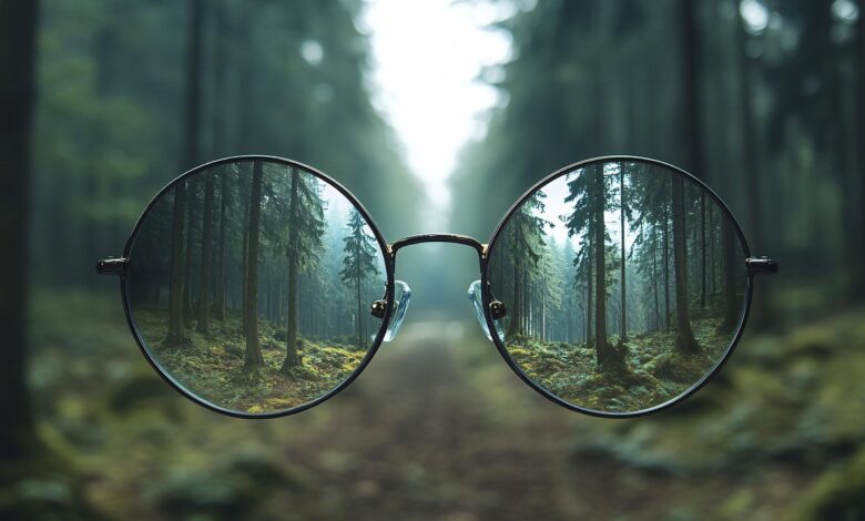 ai generated, glasses, vision, clarity, perspective, focus, nature, sharp, lenses, eyewear, street, outdoors, environment, forest, trees, woods