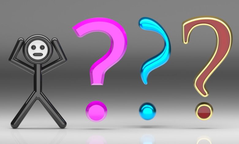 A person standing in front of a group of question marks